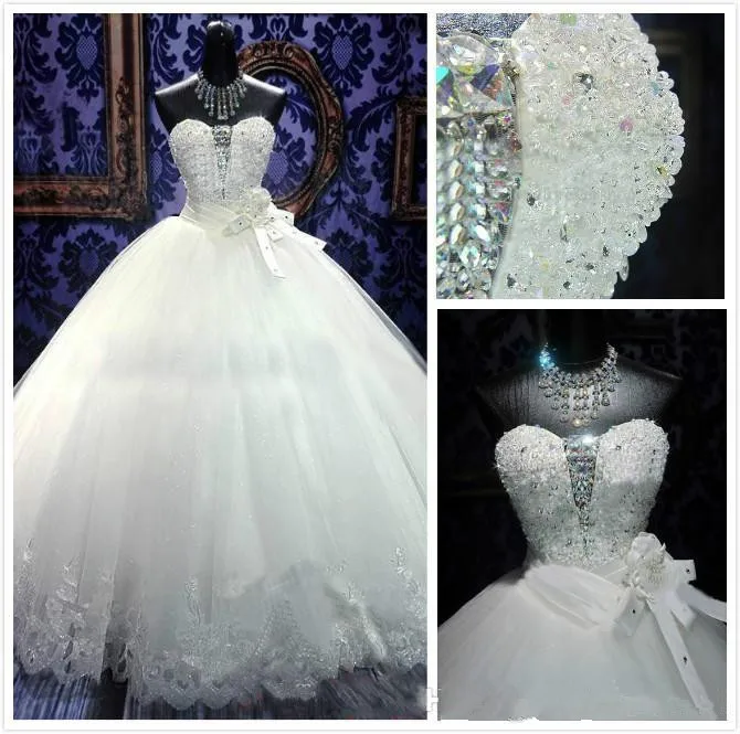 

Ball Gown Wedding Dresses 2019 Strapless Princess Gowns Hand-Made Flowers Embroidery Appliques Wedding Gowns Rhinestones