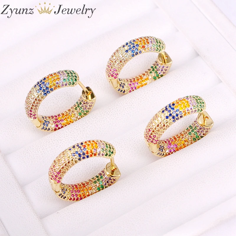 

3Pairs, Gold Color CZ Crystal Earrings Charm NEW Rainbow Micro Pave Zirconia Hoops