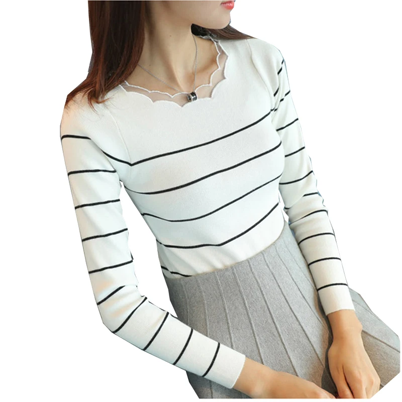 2018 New Autumn Women Sweater Pullovers Basic Tops Elastic force Slim O-neck Knit Casual stripe Long-Sleeve Sweaters Female | Женская