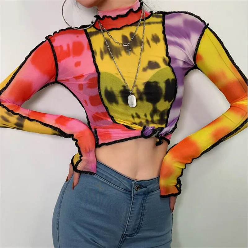 Модная футболка BOOFEENAA, женские футболки с графическим принтом Tye Dye, Лоскутная Прозрачная Сетчатая футболка с высоким воротом и длинным рукавом, уличная одежда, C94-AZ15