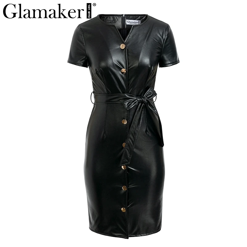 Glamaker, сексуальное облегающее черное платье миди из искусственной кожи, женский желтый пояс, v-образный вырез, летнее офисное платье, элегантное короткое платье на пуговицах для вечеринки