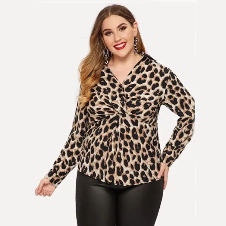 

2019 Plus Size Women's Leopard Blouse Shirt Spring Autumn Casual Clothing Femme Long Sleeved Fat MM Pullover Shirt For Women