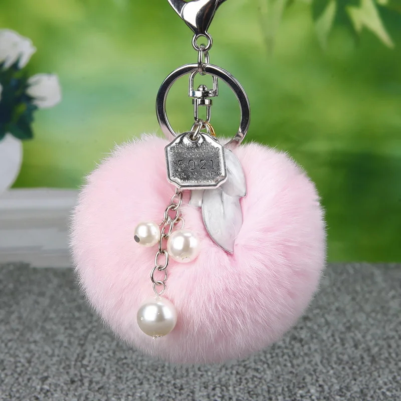 8 cm Fluffy conejo piel Llavero perla hojas Llavero piel Pom Llavero Pompon Porte Clef Pompom De fourrure colgante