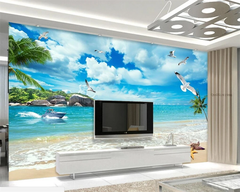 

Beibehang Nature Beach Seagull Coconut Yacht Landscape Photo Wallpaper murals 3D Living Room TV Wall wallpaper for walls 3 d