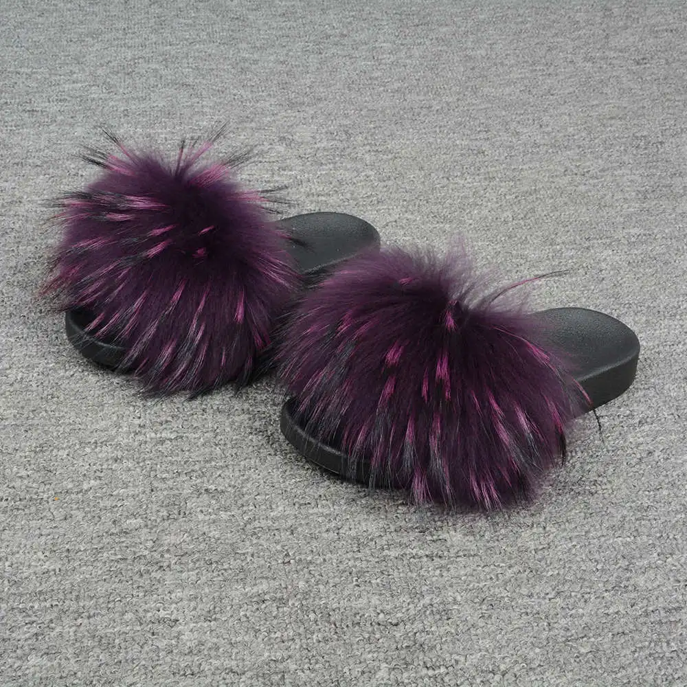 Женские меховые шлепанцы модные стильные пушистые шлепанцы с натуральным мехом енота мягкая теплая обувь с большим пушистым мехом S6020E - Цвет: Raccoon Purple