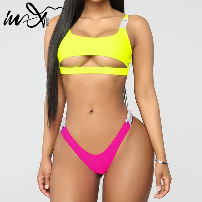 

In-X Sports high cut bikini 2019 Sexy buckle swimsuit women Hollow out swimwear Yellow pink bathing suit female Beach wear new