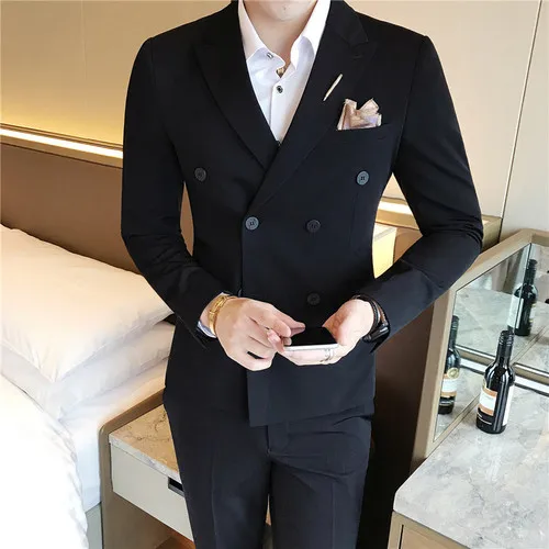 Куртка+ жилет+ брюки) Новая мужская мода сплошной цвет формальный деловой двубортный костюм 3 комплекта/жених свадебное платье костюмы - Цвет: Черный
