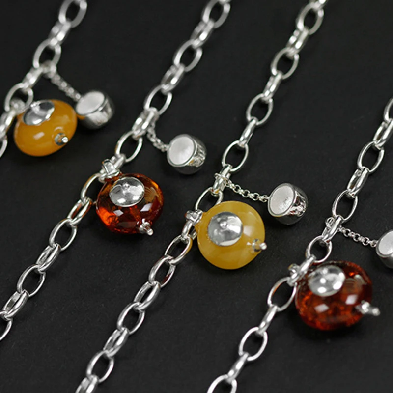 Lotus Fun Real 925 Sterling Silver Natural Amber Handmade Fine Jewelry Cute Teapot Jewelry Set with Dangle Earring Bracelet