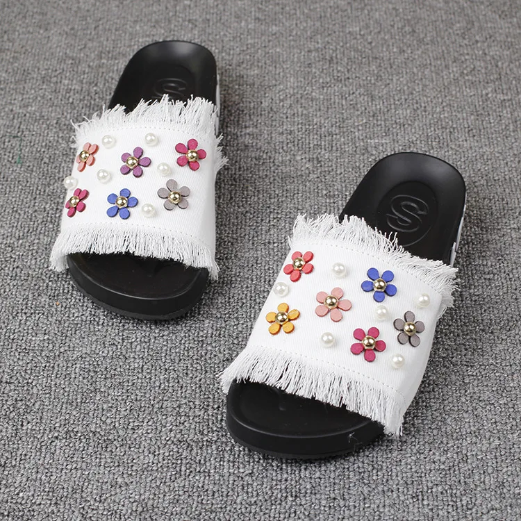 2016 New Korean Female Summer Sandals Casual Slippers Online Denim Daisy Pearl Ladies Comfort Footwear Cheap53