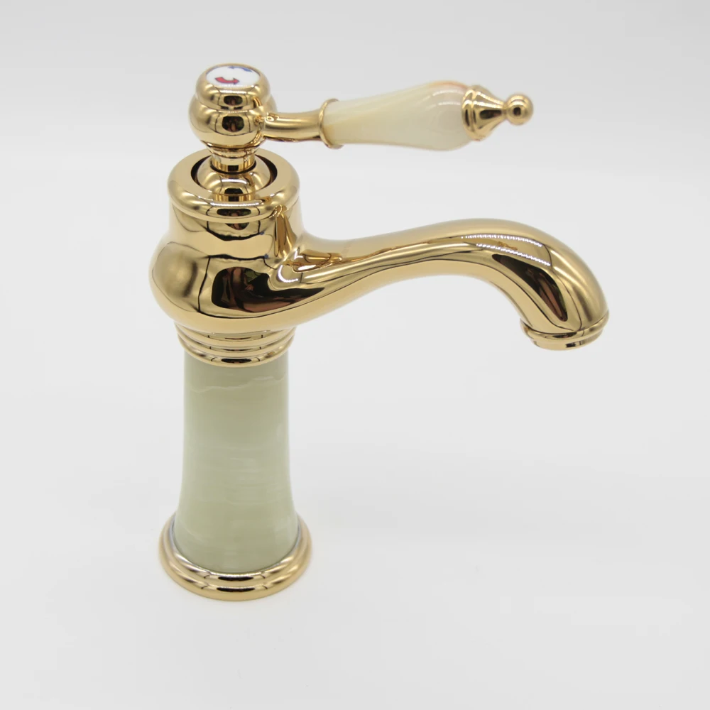 Free Shipping Luxury Gold Plated Marble Handle Bathroom Sink Mixer Tap White Marble Body Golden
