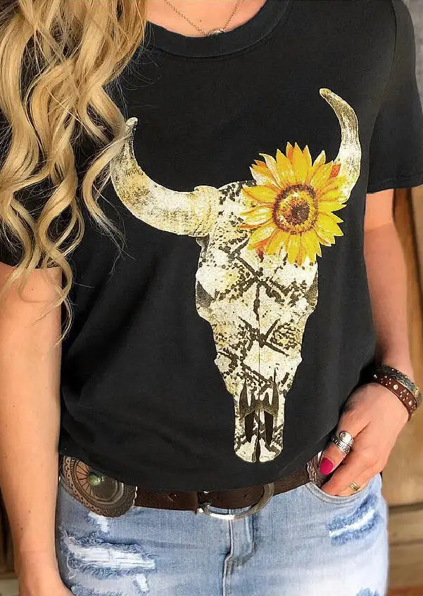 

Cattle Sunflower Print T-Shirt Women Summer New Tops Tee 2019 Fashion Black Top Casual O-neck Loose Tees Shirt For Women camiset