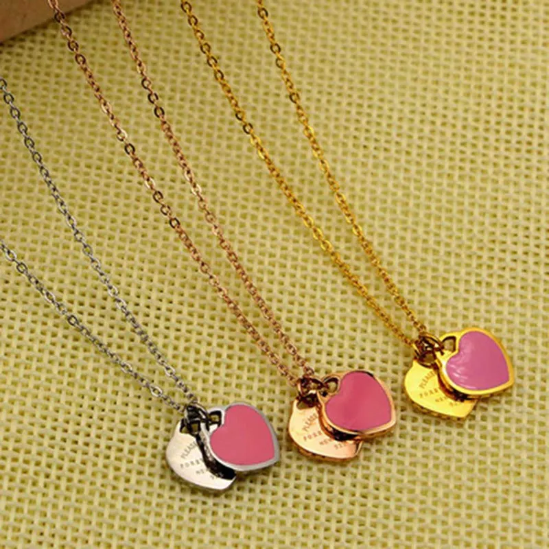 

Trendy Resin Pink Double Heart Necklace Gold-color Forever Famous Brand Women