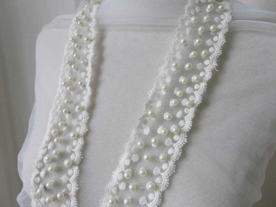 

Ivory White Pearl Bead Beaded Trims Sew On Collar Mesh Ribbon 4cm Wide For Bridal Sash, Jewelry Headpiece DIY Dress Belt