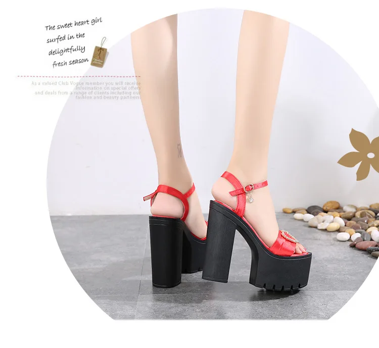 G-sparrow 14CM Comfortable Platform High Heels Thick Buckle Diamond Sandals Female Red Wedding Shoes Summer 2018 New Black32