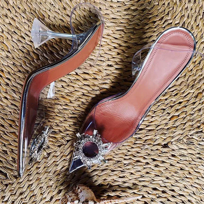 

Clear PVC Designer Runway Shoes Schoenen Vrouw Sexy Pointy Toe Strange 9cm High Heels Crystal Studded Ladies Party Wedding Shoes