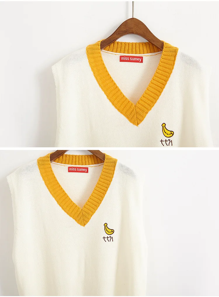 Шесть Цвета Harajuku v-образным вырезом вязаный Для женщин свитер жилеты Симпатичные Фрукты вышивка студент жилеты Сладкий рукавов Свитера для девочек жилет
