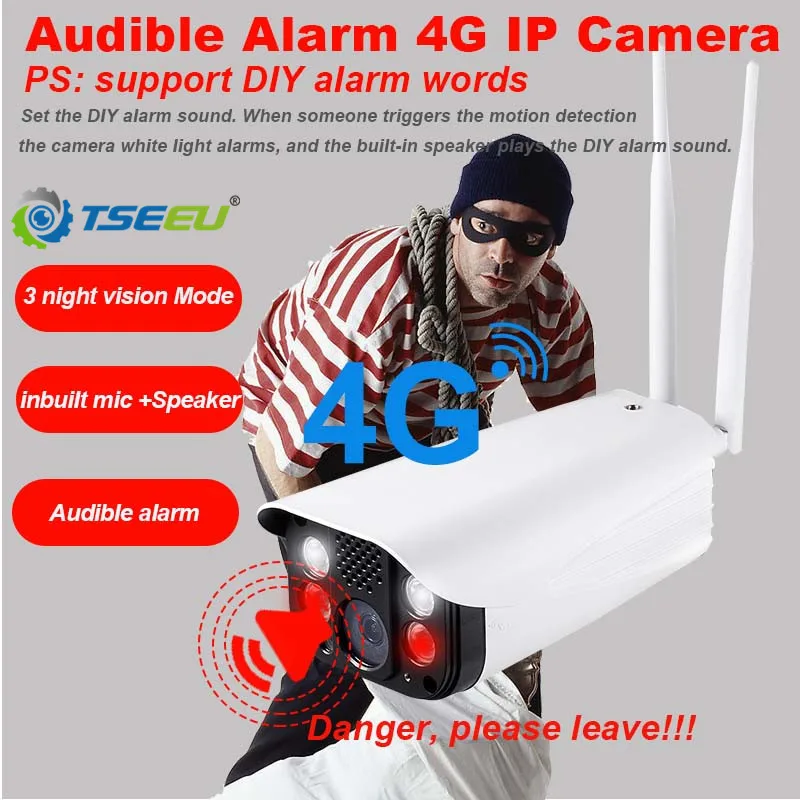

4G sim card wifi ip camera local auto voice alarm app alarm push free app cms smart night vision full color max 128G micro sd