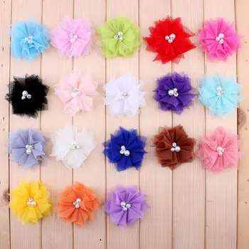 

20pcs/lot 6.5CM 18Colors Handmade Mini Soft Mesh Headband Flowers Artificial Fabric Rhinestone Flower For Wedding Decorative
