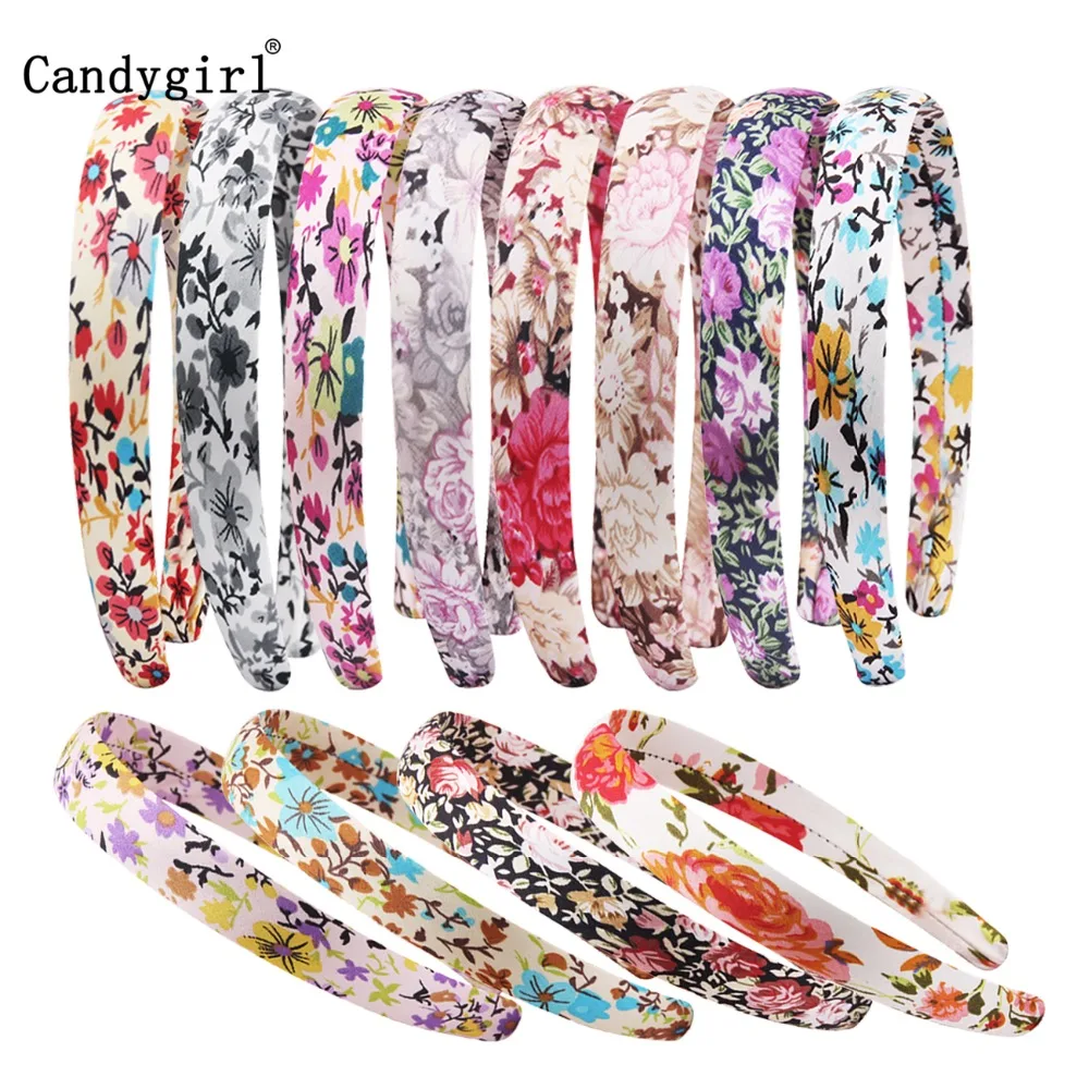 

12pcs 2cm Flower Print Headbands Wide Floral Hairband Fabric Covered Ribbon Hair Band Accessories Satin Girls Women DIY Headwear
