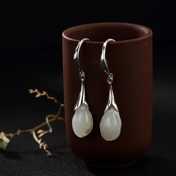 

Real Pure 925 Sterling Silver Natural Jade Orchid Flowers Earrings With Hook Simple Vintage Design Drop Earrings For Women