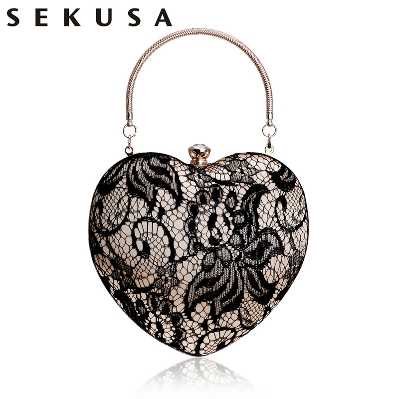 SEKUSA جديد وصول الدانتيل الفاخرة النساء القلب أكياس مساء الجوف خارج تصميم الراين براثن سلسلة الكتف محفظة حقائب