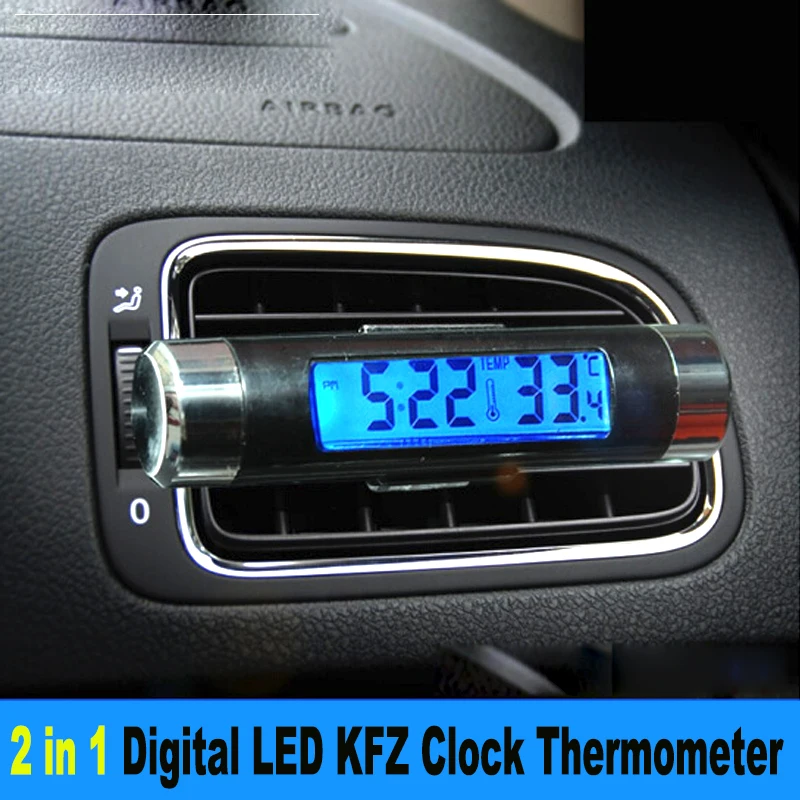 1pcs 2 In 1 Digital LED Car Clock + Thermometer Celsius Temperature LCD Backlight With Battery Car Accessories