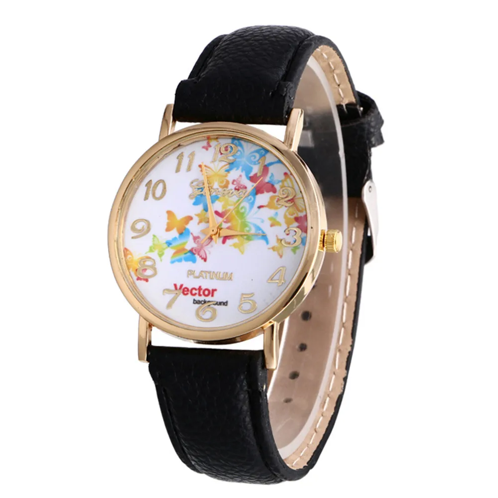 

New Relojes Mujer Women Watches Butterfly Patterns Leather Band Analog Quartz-Watch Vogue Gold Digital NumbersWrist Watches