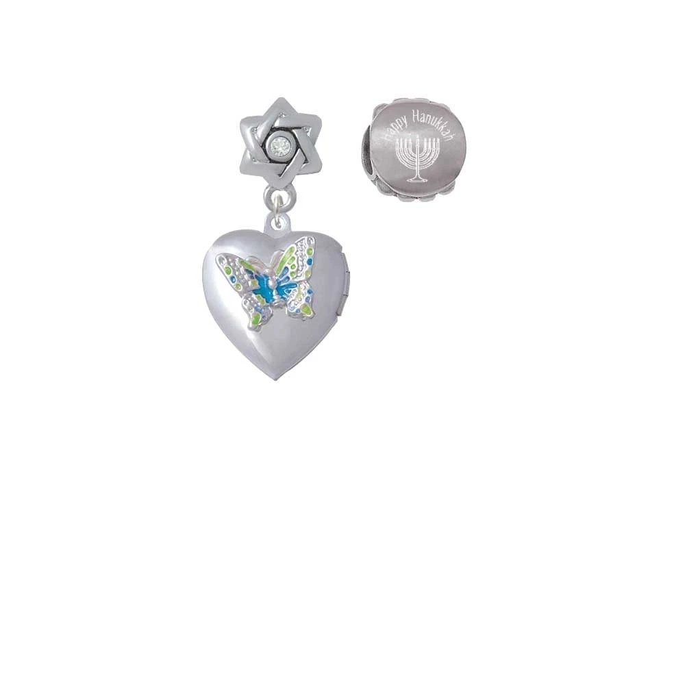 Silvertone Lime Green & Hot Blue Butterfly Locket Happy Hanukkah Charm Beads (Set of 2)