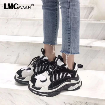 

LMCAVASUN Genuine Leather Sneakers Platform Sneakers Lace Up Shoes Woman Street Leather Thick Bottom Dad Sneakers
