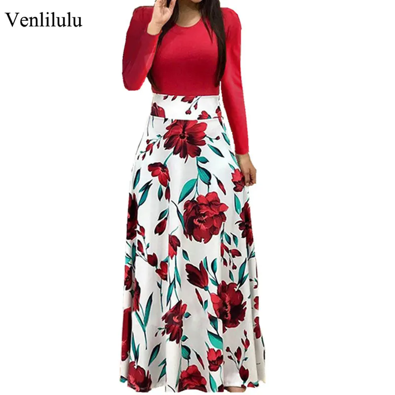 

Spring Floral Dress Women O-neck Long Sleeve A-Line Patchwork Maxi Dress Female Ladies Party Boho Beach Dress For Women Vestidos