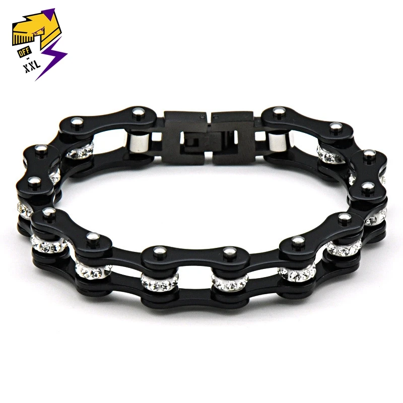 

Men Bike Chain Bracelet Black Stainless Steel Biker Bicycle Motorcycle Link Chain Rhinestone Beads Punk Heavy Jewelry
