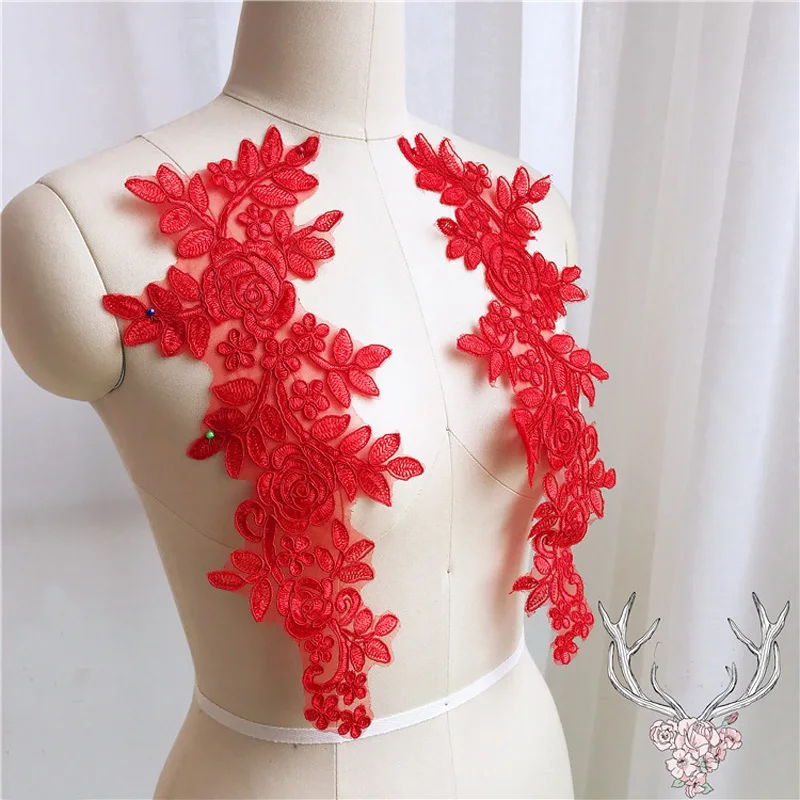 바느질 레이스 직물 2 짝/몫 크기 14x35cm 색상 Ganza 자수 꽃 웨딩 드레스 신부 가운에 대한 대형 레이스 Applique