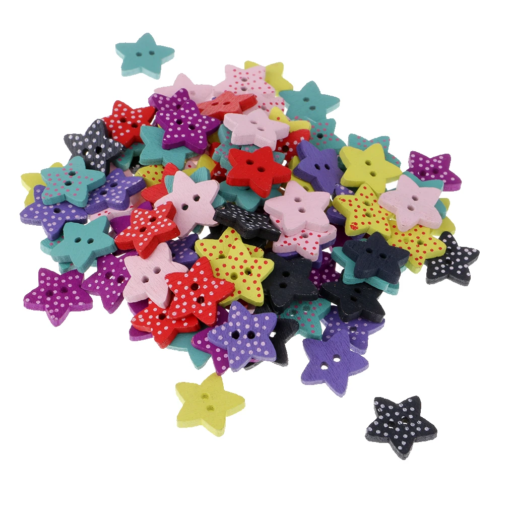 100pcs Mixed Star Shaped Wooden Buttons Polka Dot Buttons for Sewing Craft
