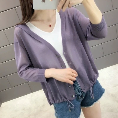 

Fashion New 2019 summer female thin loose ice silk knitwear women's cardigan with the hat