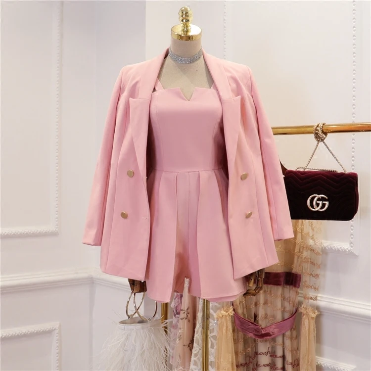 

2018 Spring New Women Pink Turn-down Collar Double Breasted Suit Coat + Strap V-neck High Waist Short Jumpsuit 2 Piece Sets