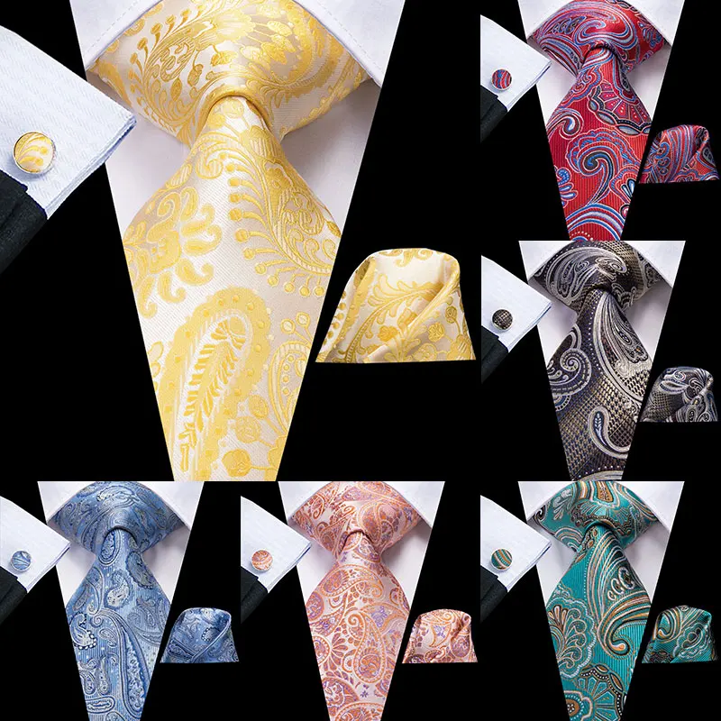 Hi-Tie Silk Ties for Men Luxury Paisley Tie Hanky Cufflinks Set Fashion Men