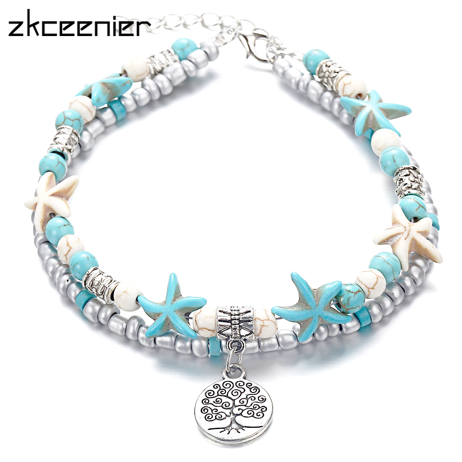 

Handmade Bohemian Shell Beads Starfish Turtle Anchor Tree of Life Charm Anklets Bracelet for Women Multi Layer Sandals Jewelry