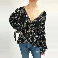 Глубокий v-образным вырезом Для женщин с длинным рукавом Puff талией шифон футболки с цветочным принтом пикантные спинки пуловеры с длинными рукавами футболки