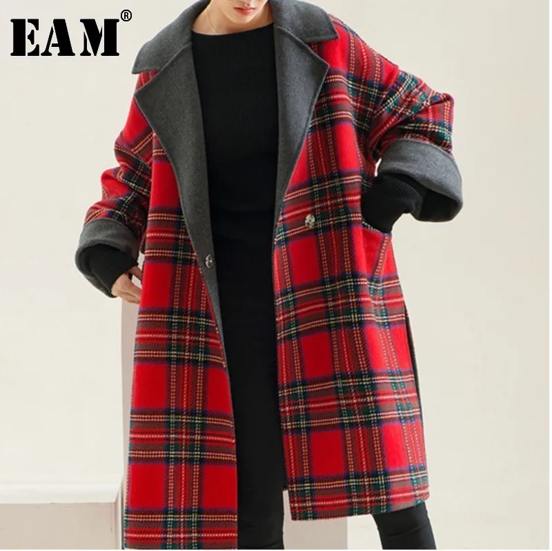 [EAM] 2019 New Autumn Winter Lapel Long Sleeve Red Plaid Stitching Thicken Large Size Woolen Coat Women Parkas Fashion LD0180