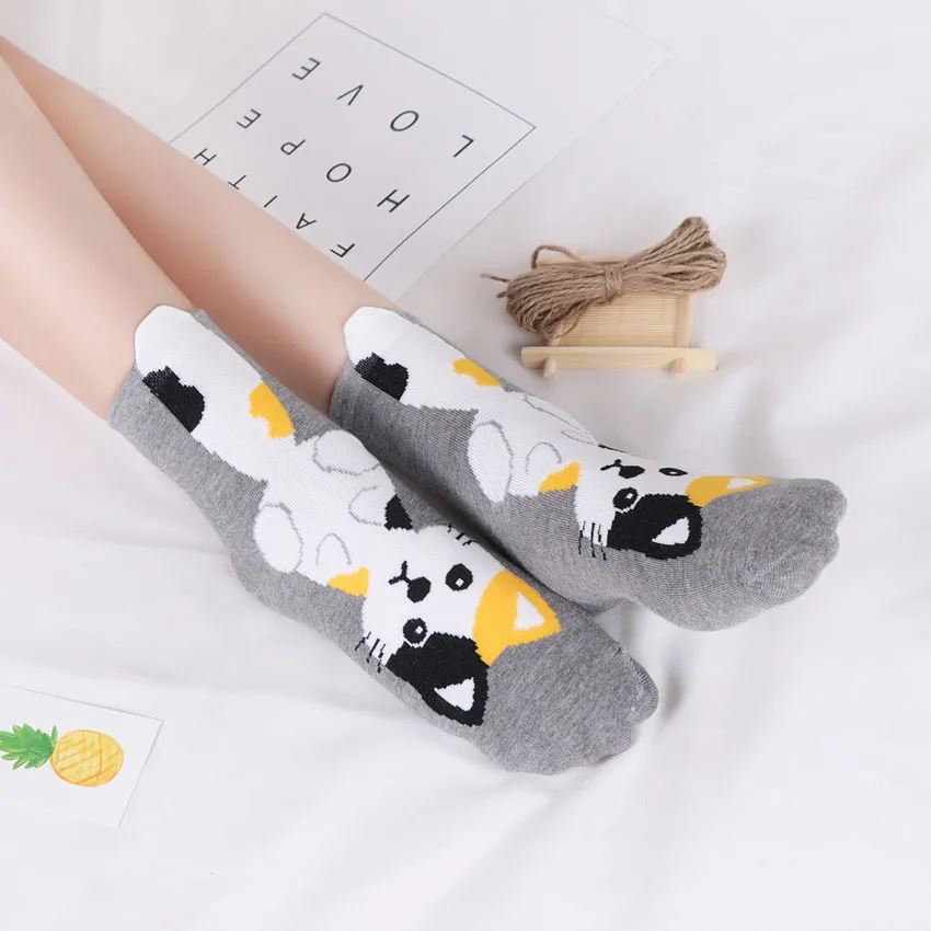 PEONFLY Autumn Fashion Women Cartoon Animal Ear Cotton Short Socks Printing Funny Cat Fox Squirrel Pattern Female Socks Hosiery