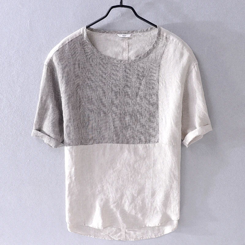 

2019 Mens summer linen short-sleeved t shirt round neck loose men t-shirt brand patchwork flax t shirts for men tshirt camiseta