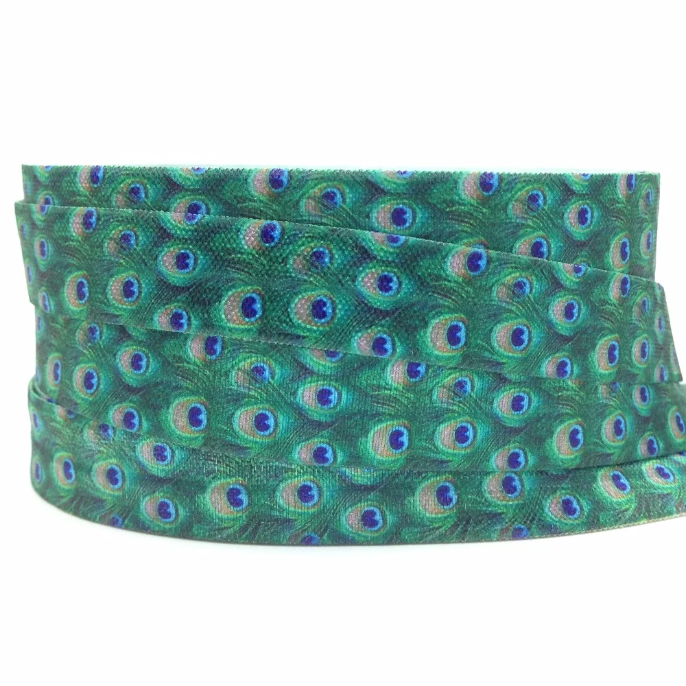 

5/8" Green Peacock Feather Print Fold Over Elastic FOE Ribbon Diy Sewing Bows Party Decoration Gift Wrap 10 yards