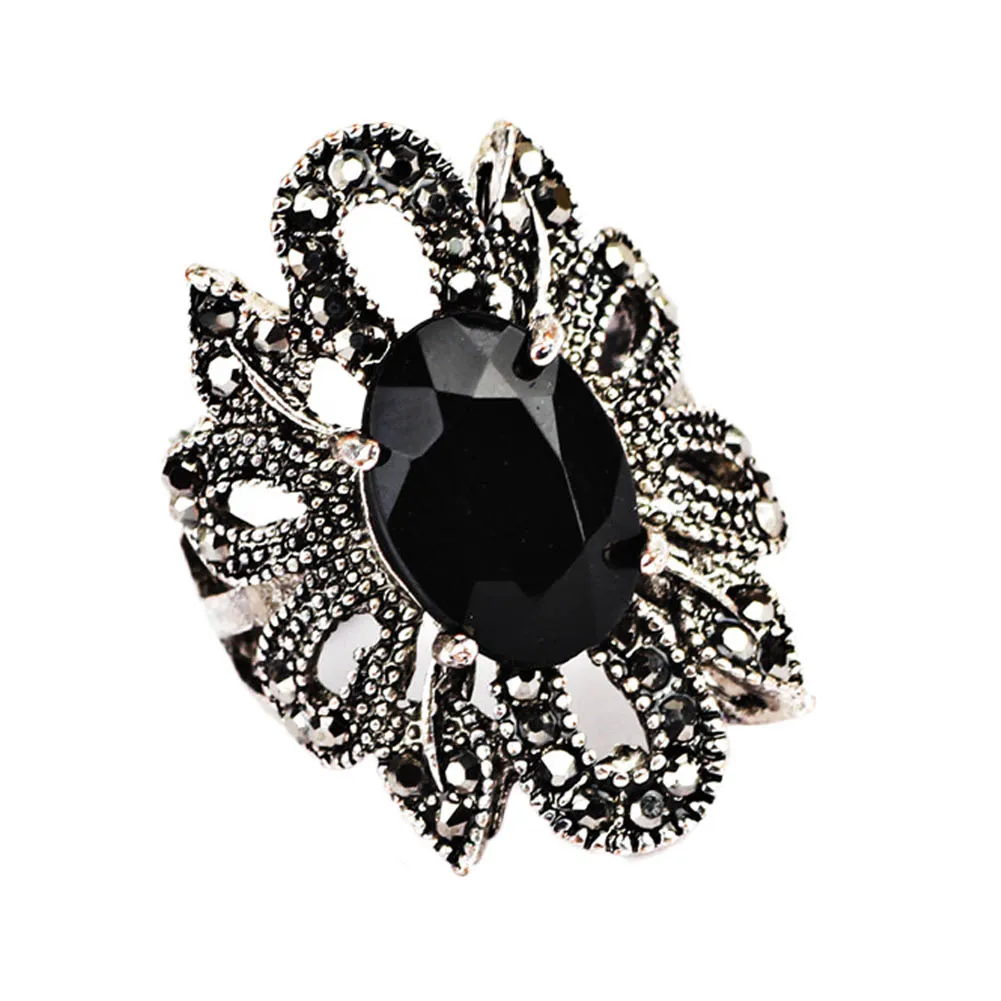 

Vintage Bohemian Rings For Women Retro Totem Flower Hollow With Black Stone Silver Plated Fashion Jewelry