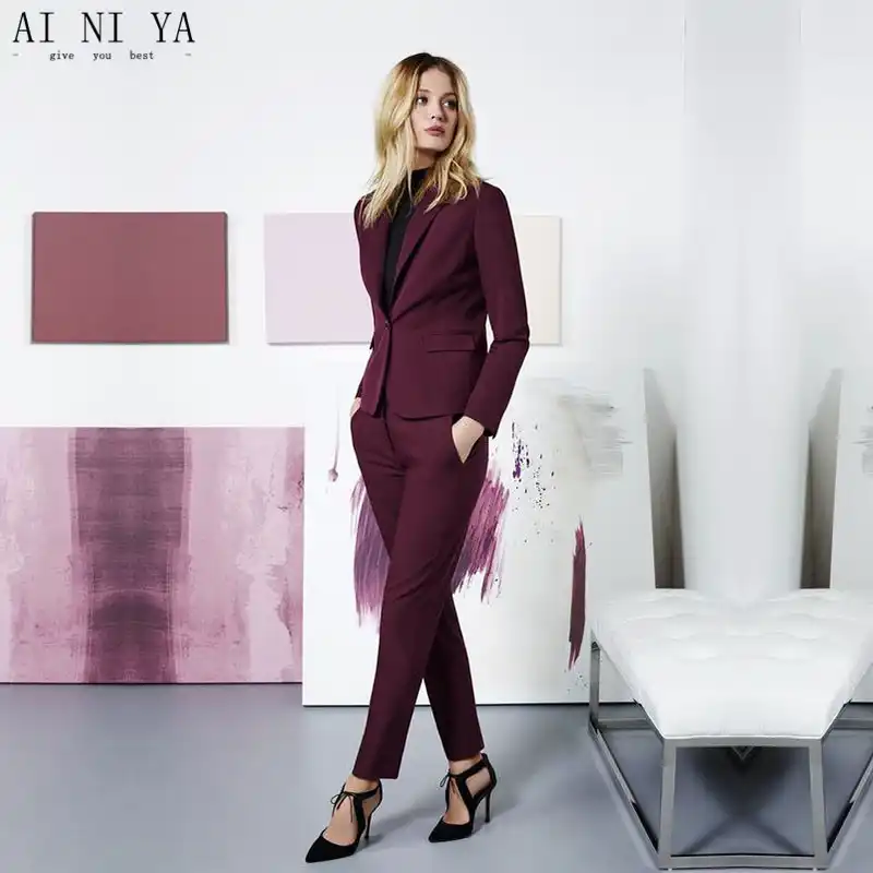 Red 2 piece set women business suits blazer with pants ladies office