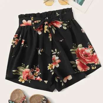 

Elastic Waist Boho Summer Shorts Green Self Tie Floral Print Women 2019 Summer Wide Leg Belted Beach Casual Shorts