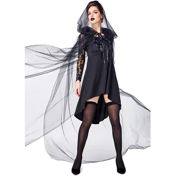 

Black Female Halloween Carnival Cosplay Costumes Medieval Queen Witch Role-play Princess Dress Party Clothing+cape