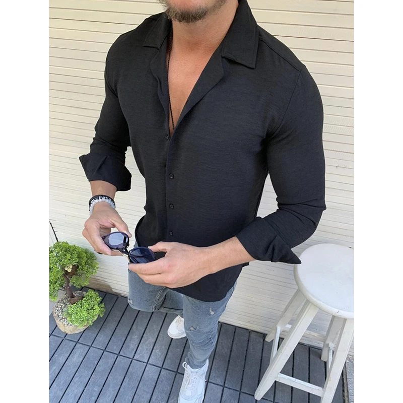 Mens Shirt Fashion Lapel Long Sleeve Solid Shirts Man Slim Fit Elegant Tops Streetwear Tunic Blouse Shirts Men's Clothes 3XL