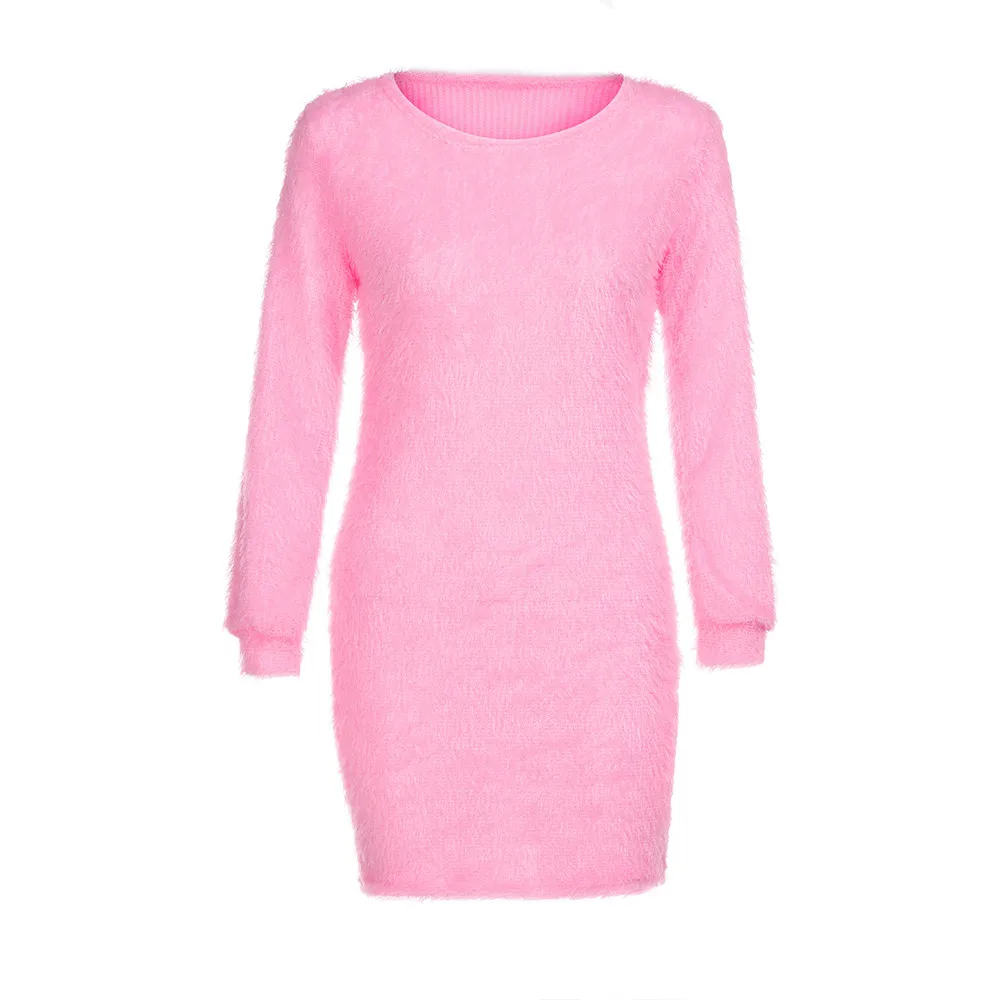 Модное женское зимнее платье с длинным рукавом и круглым вырезом, однотонное флисовое мягкое теплое базовое Короткое мини-платье черного и розового цвета