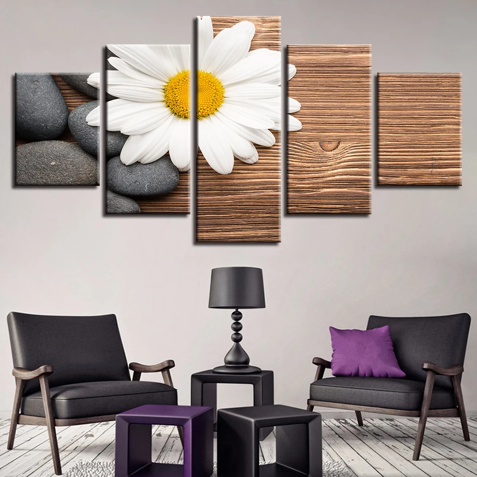 

Canvas Painting Art HD Printing Modern 5 Pieces Stone And White Chrysanthemum Pictures Frames Modular Decor For Living Room Wall
