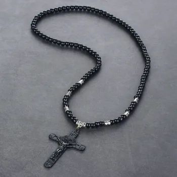 Retro Jesus Cross Necklace St Benedict Medal Pendant Jewelry for Men Women’s Long Leather Rope Necklace Beads Chain Gift CN08